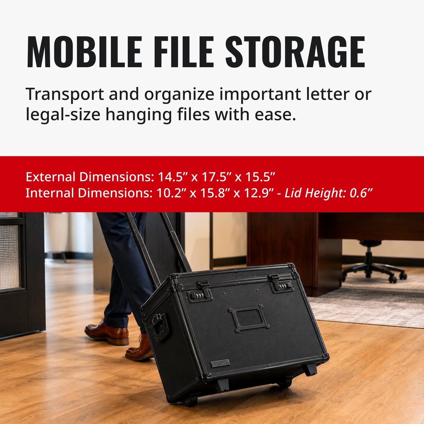 Vaultz Locking Mobile File Chest, Letter/Legal Files, 17.5" X 15.5" X 14.5", Black