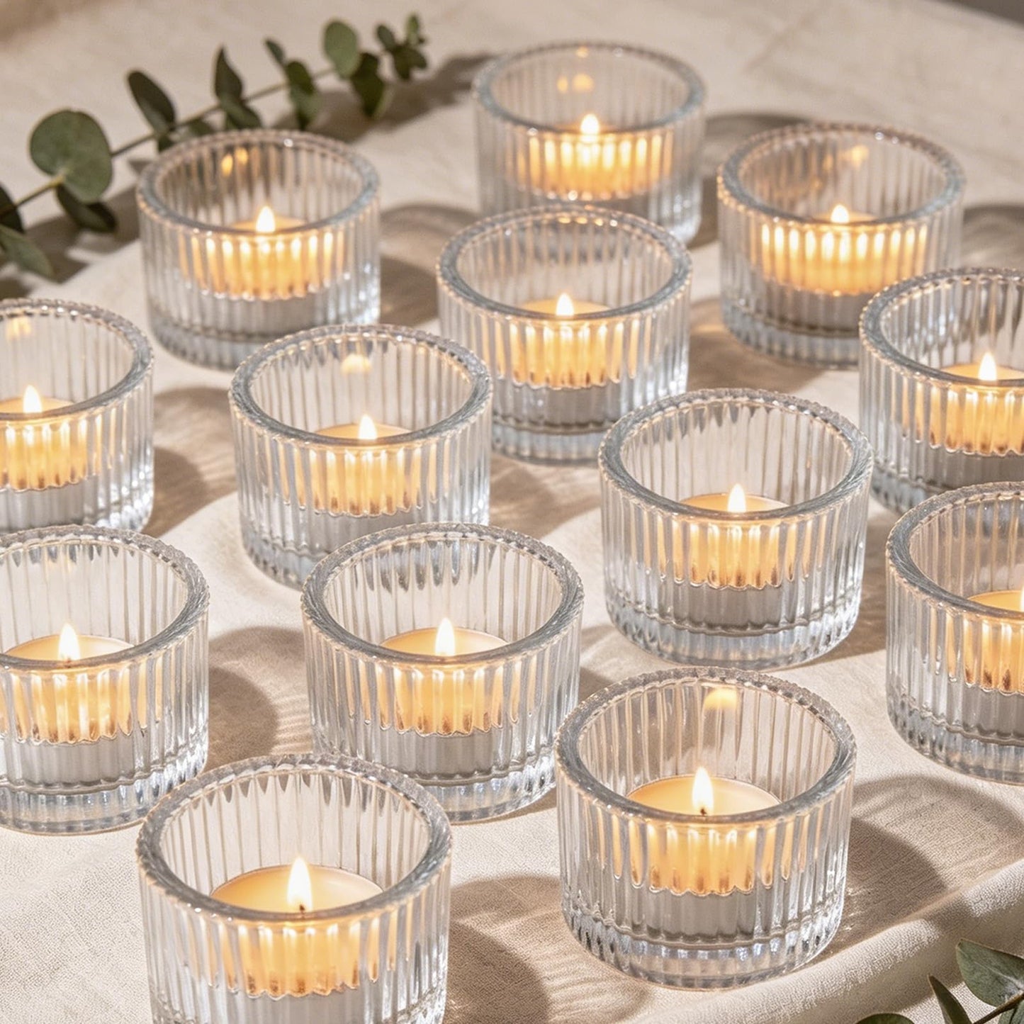 Clear Glass Votive Candle Holders 12 Pack, Small Glass Cups for Tea Lights, Wedding Centerpieces, Table Decorations, Home Decor, Party Favors, Bulk Set of 12