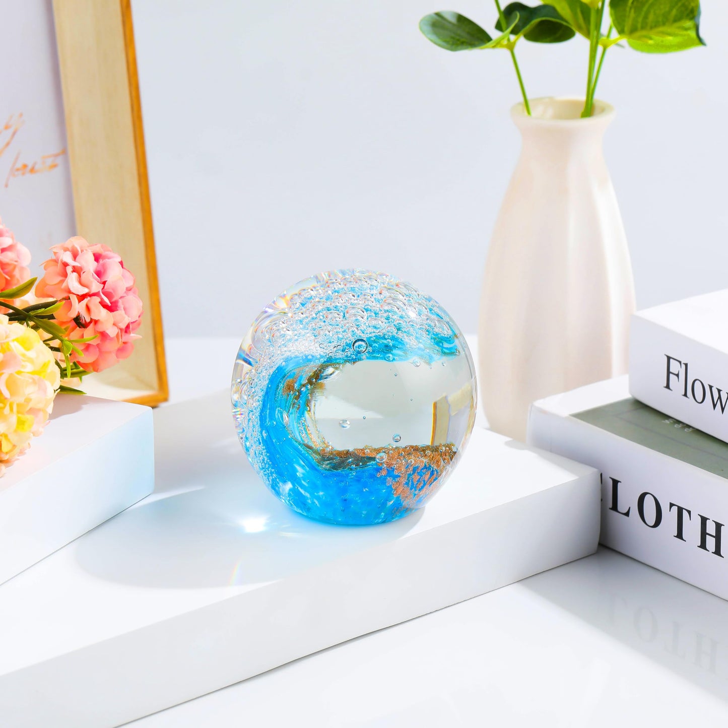 Enjinkail Hand Blown Ocean Waves Crystal Ball - Glass Collectible Figurines Spere - Paperweight Glass Ball Aquarium DecorOffice Decor Ocean Lovers
