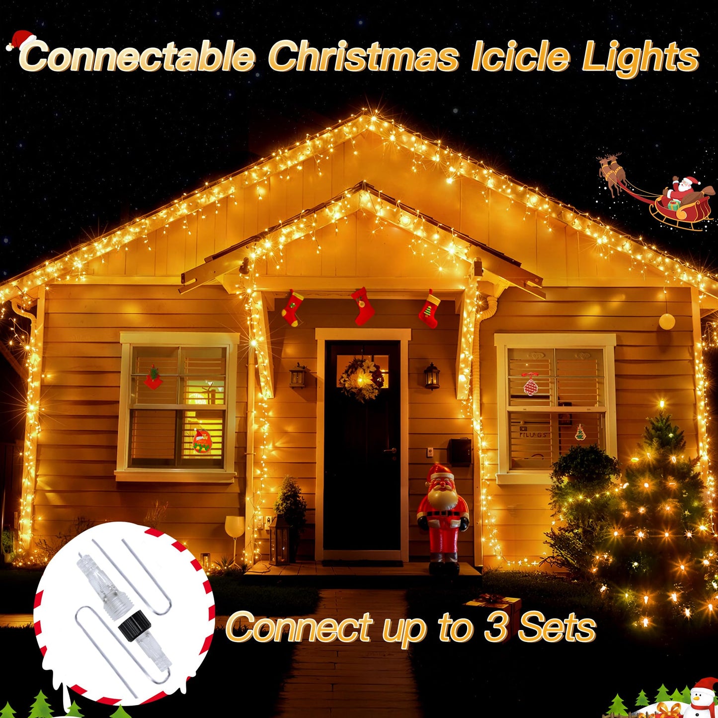 Icicle Lights for Outside, 216LED 24FT Waterproof Christmas Light Outdoor with 8 Modes & Timer, Connectable Christmas Icicle Lights for Eaves House Yard Indoor Outdoor Holiday Decoration(Warm White)