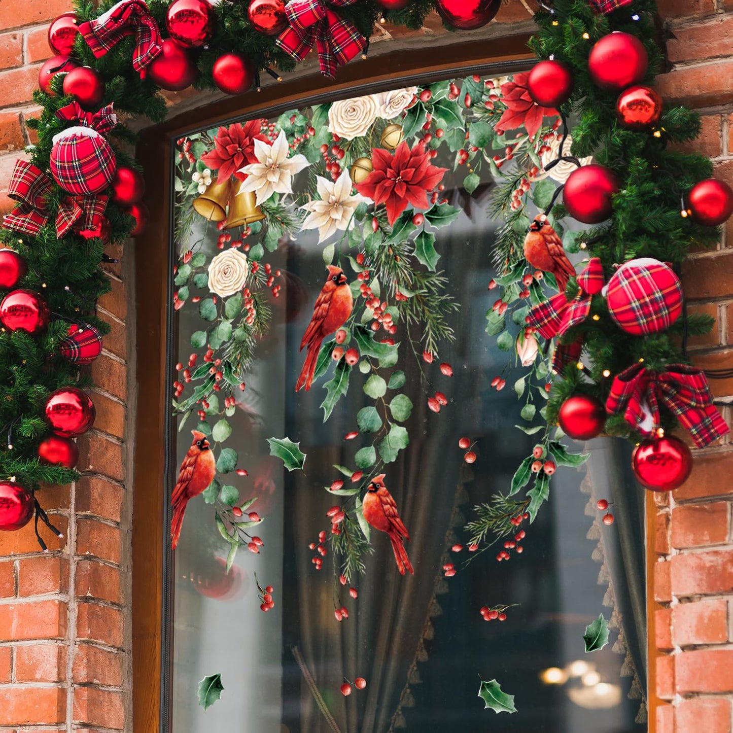Whaline 9 Sheets Christmas Floral Window Cling Stickers Hanging Poinsettia Flowers Eucalyptus Leaves Reusable Window Decals for Xmas Winter Party Home Office Classroom Decoration