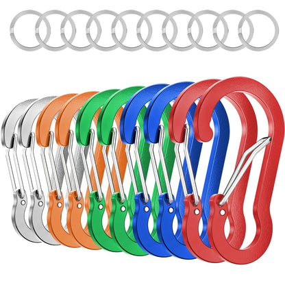 sprookber 3.2 Inch Aluminum Carabiner Clips D Ring, Caribeaner Spring Snap Hook with Keychain for Camping, Hiking, Gym & Outdoor Gear, Set of 10(Multicolor)