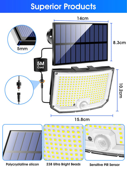 PIKOY Solar Lights Outdoor Lights, [238LED+3 Mode+Remote] Solar Security Lights Outdoor Motion Sensor 270°,IP65 2200mAh Outdoor Wall Lights