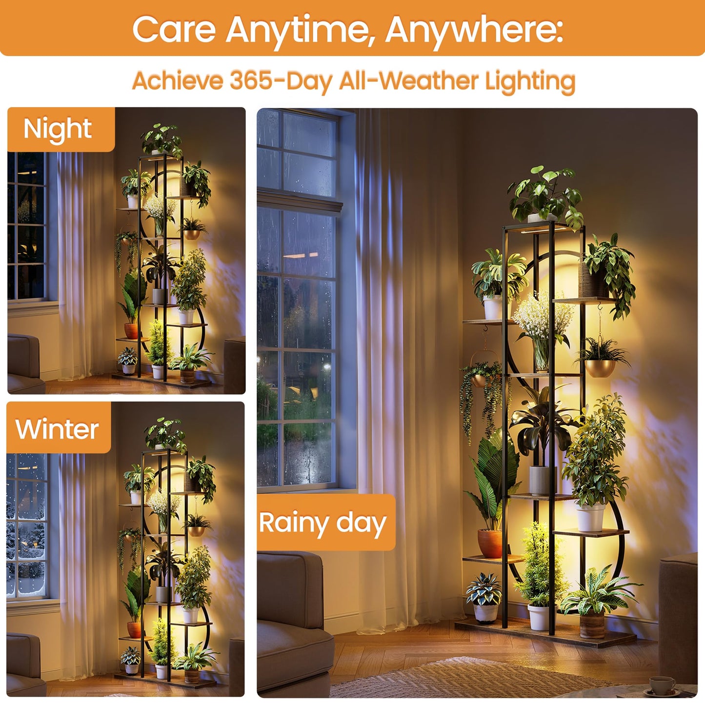 Plant Stand Indoor with Grow Lights - 62" Tall 8 Tier S-Shaped Corner Plant Shelf with 2 Hooks, Metal Flower Holder for Multiple Plants, Living Room Patio