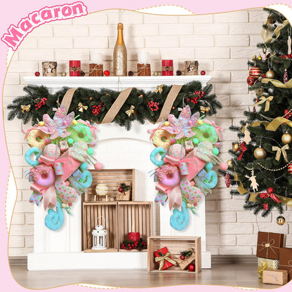 Retrowavy 18 Inch Pastel Christmas Teardrop Swag Decoration Xmas Candy Cane Tear Drop Swags Wreath with Ribbon Lollipop Sweet Donut Ice Cream Cake Curly Stem for Front Door Wall Fireplace Holiday