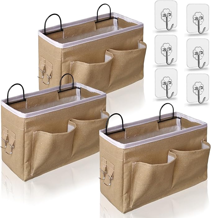 3pcs Middle Wall Hanging Organizer Bag, Linen Fabric Door Hanging Storage Basket