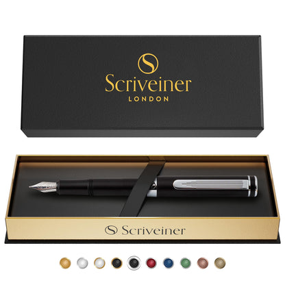 Scriveiner Luxury EDC Fountain Pen (Fine), Stunning Matt Black Pocket Pen, Chrome Finish, Schmidt German Nib, Converter, Best Writing Pen Gift Set for Men & Women, Nice Fancy Office Designer Pen