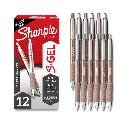 Sharpie S-Gel, Gel Ink Pens, Medium Point (0.7mm), Sleek Metal Barrel, Black Ink, 12 Count - Drawing, Journaling, Writing, School, Teacher Supplies