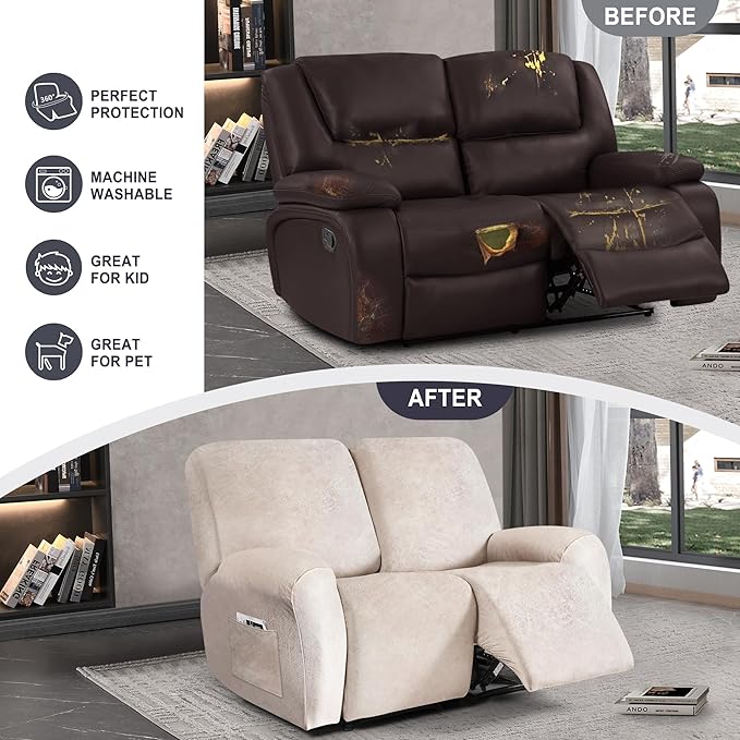 ANARACHON Leather Look Loveseat Recliner Cover, 6-Pieces Stretch Dual Recliner