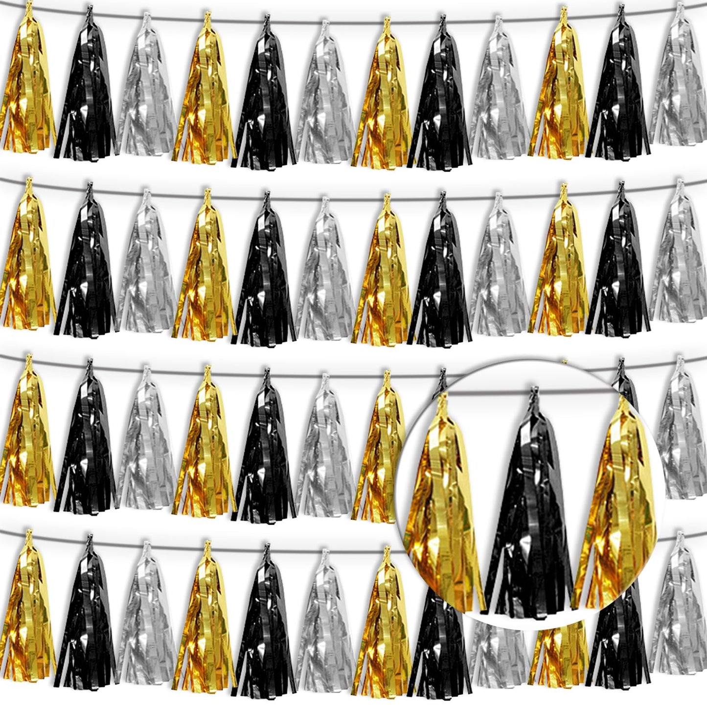 4P Black Gold Silver Tassel Banner Garland Metallic Foil Fringe Banner Tinsel Tassels Streamer Banner Backdrop for Parade Floats, 2025 Graduation Decorations, New Years Decorations,Father' Day