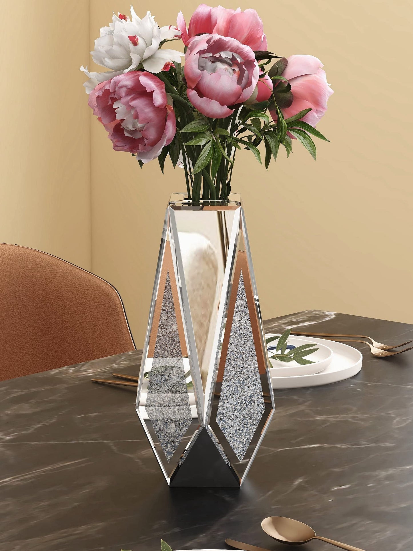 SHYFOY Crushed Diamond Flower Mirror Vase Silver Crystal Glass Vase Mirrored Decorative Flower Vases for Living Room Home Decor, 12" H, Can’t Hold Water