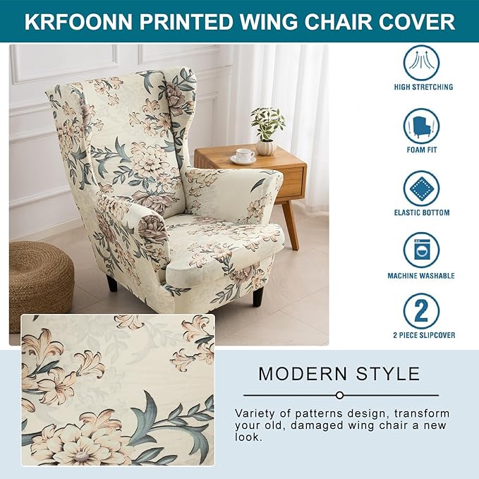 KRFOONN Velvet Wing Chair Slipcovers 2 Piece Stretch Printed Wingback Chair