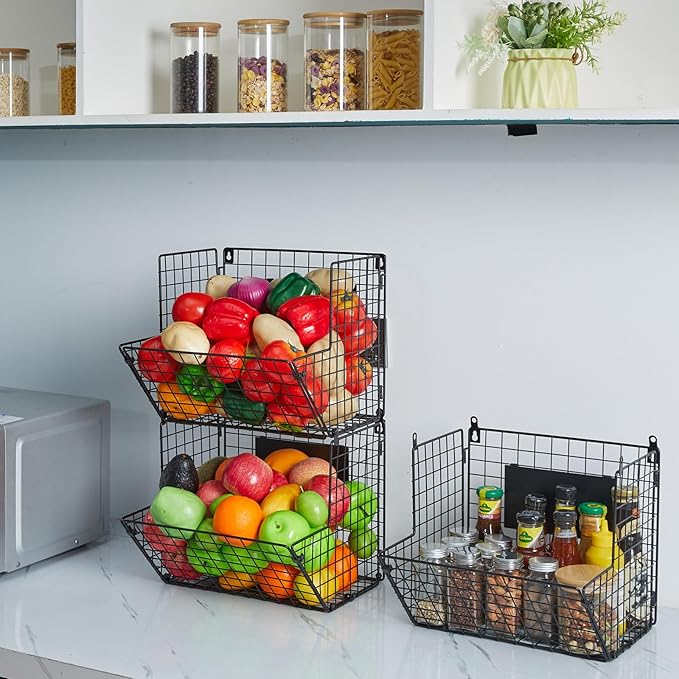 X-cosrack Metal Wire Basket Wall Mount, 3 Tier Wall Storage Basket Organizer