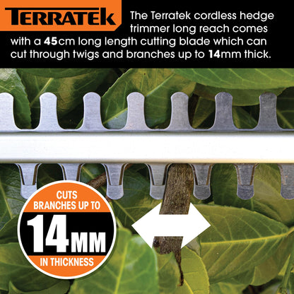 Terratek Cordless Hedge Trimmer Long Reach 20V 1HR Fast Charge, 2.4m Telescopic Hedge Trimmer Cordless Hedge Cutter with 2x Batteries, Shoulder Strap and Charger Included