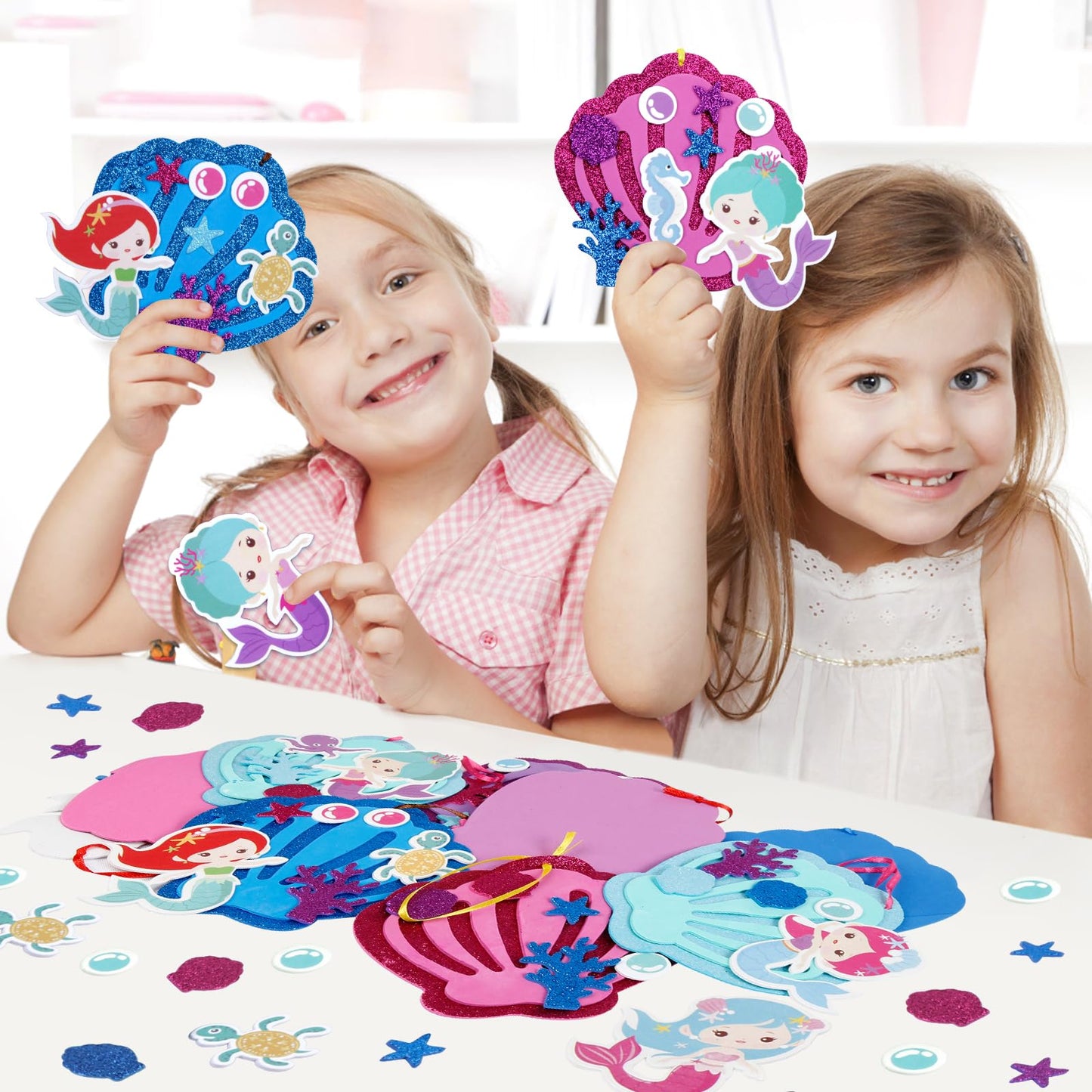 Fennoral 8 Pack Mermaid Craft for Kids Creative Make Your Own Mermaid Shell Foam Stickers DIY Arts and Crafts for Kids Boys Girls Summer Art Activity Party Decoration Birthday Gifts