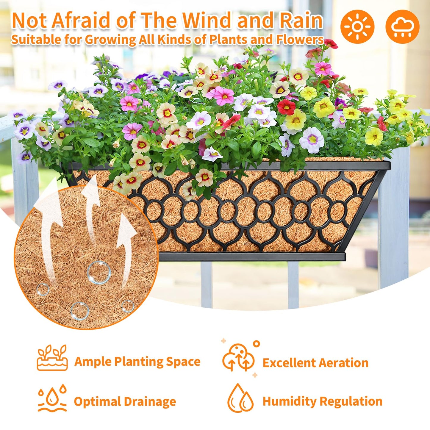 Riare 2 Pack 16 Inch Window Boxes Planters with Coco Liner, Metal Deck Railing Planter Boxes, Balcony Planters Railing Hanging, Horse Trough Window Flower Planter Boxes for Outdoor Porch Fence Patio