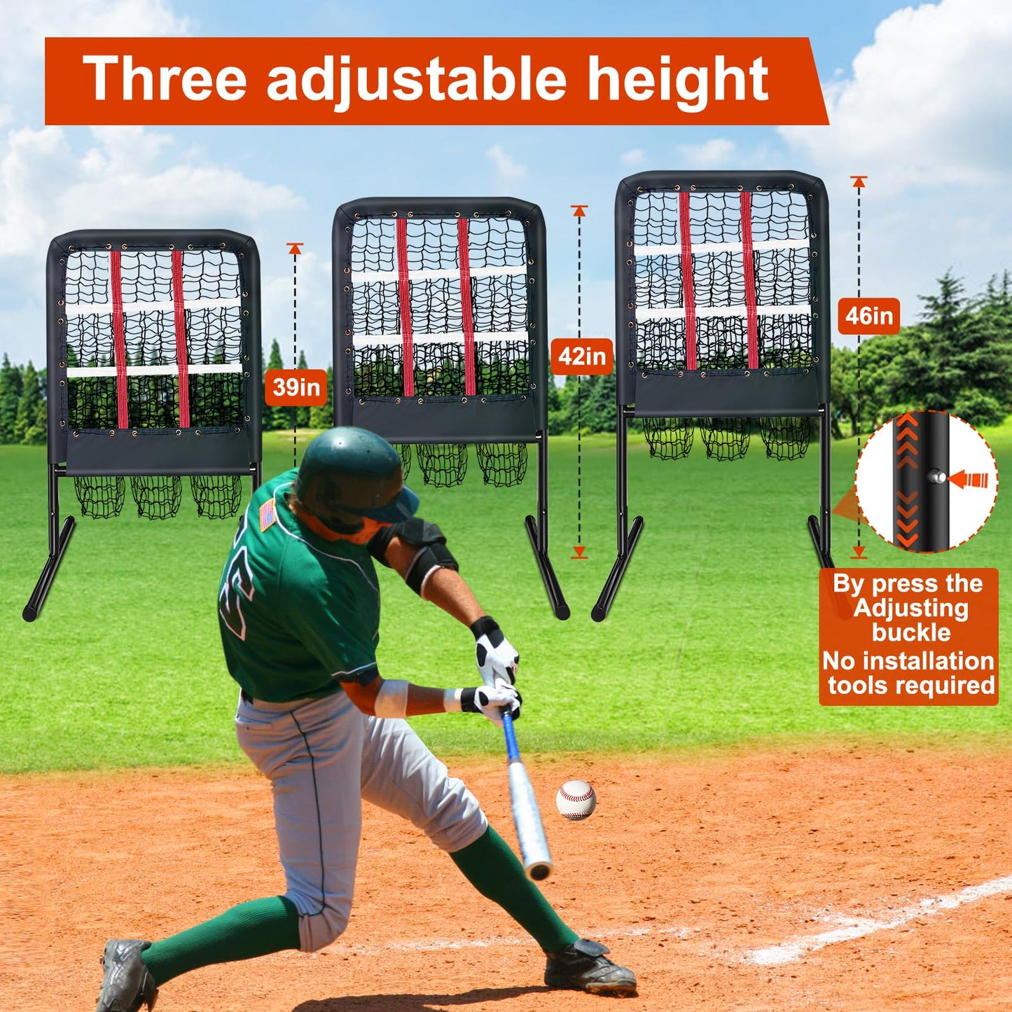 9 Hole Pitching Net with Strike Zone and Handbag, Fixed by 4 Ground Stakes & 2 Sandbags. Adjustable Heights (39-46in) for Pitching Target Net, Softball Training