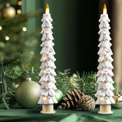 2 Pack White Christmas Tree LED Taper Candles, Flameless Flickering Candles with Copper String Lights, Upgraded Realistic Flame Effect, Battery Operated with Remote for Christmas Home Decoration