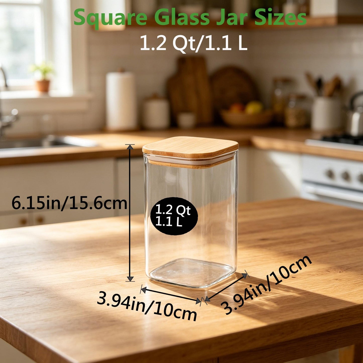 VIEWELLD 1.2 Qt Square Glass Storage Containers with Lids, glass jar with airtight lid, Glass Canister for Pantry Cookie Cereal Rice Sugar Tea Coffee Beans Spice, Square Set of 4
