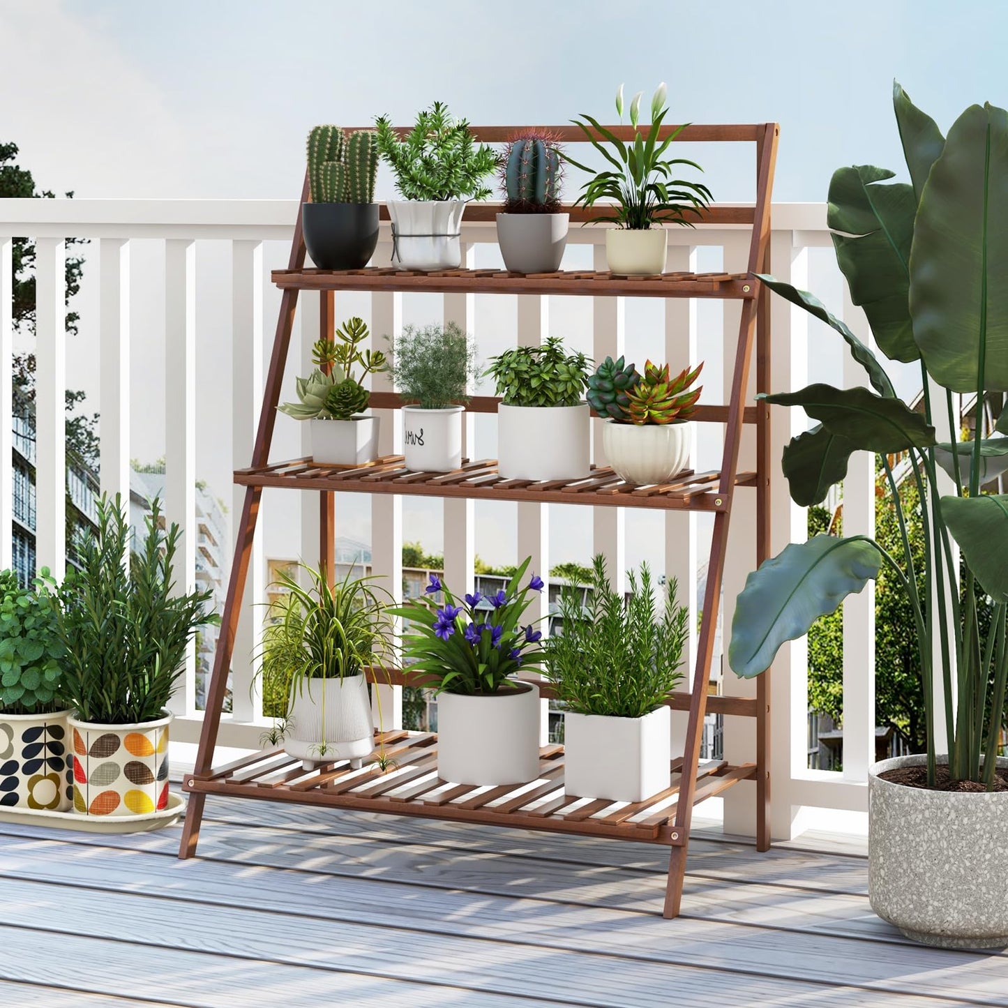 DREAMADE Plant Stand, 3 Tier Bamboo Ladder Plant Stand with Foldable Design, Anti-falling Crossbar, Freestanding Plant Shelf for Indoor Outdoor, Living Room Balcony Patio Garden