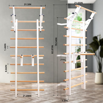 PreGymnastic Stall Bars, Swedish Ladder for Adult and Kids, Wall Bar with Solid Beech Wood Rods, Durable Steel Frame, Adjustable Pull Up and Dip for Strength, Flexibility at Home Gym, Studio