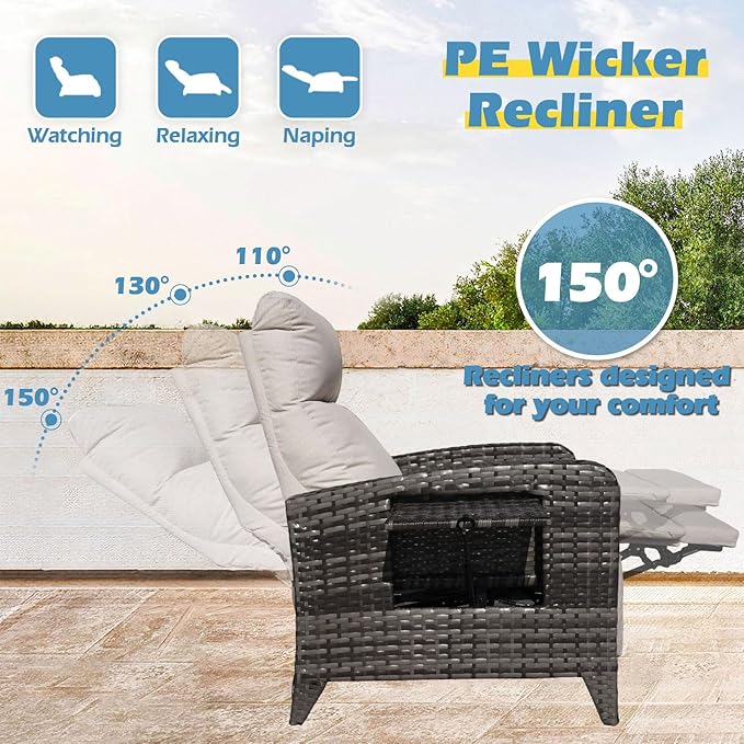 Upgraded Outdoor Recliner Chair, Reclining Patio Chairs with Adjustable Back up to 150°Lay Flat and Extended Footrest, Wicker Recliner Chairs with Flip Table and Removable Olefin Cushion