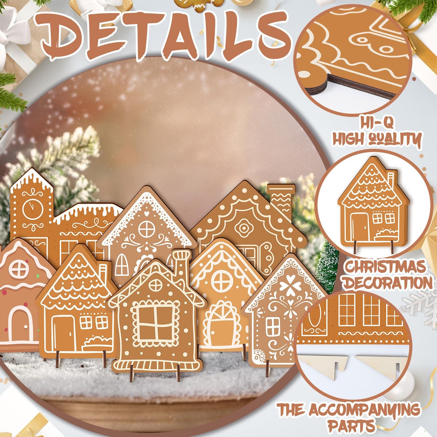 9Pcs Christmas Gingerbread House Tabletop Decorations Wooden Gingerbread Village Houses Table Centerpiece for Winter Holiday Home Office Coffee Bar Mantel Tabletop