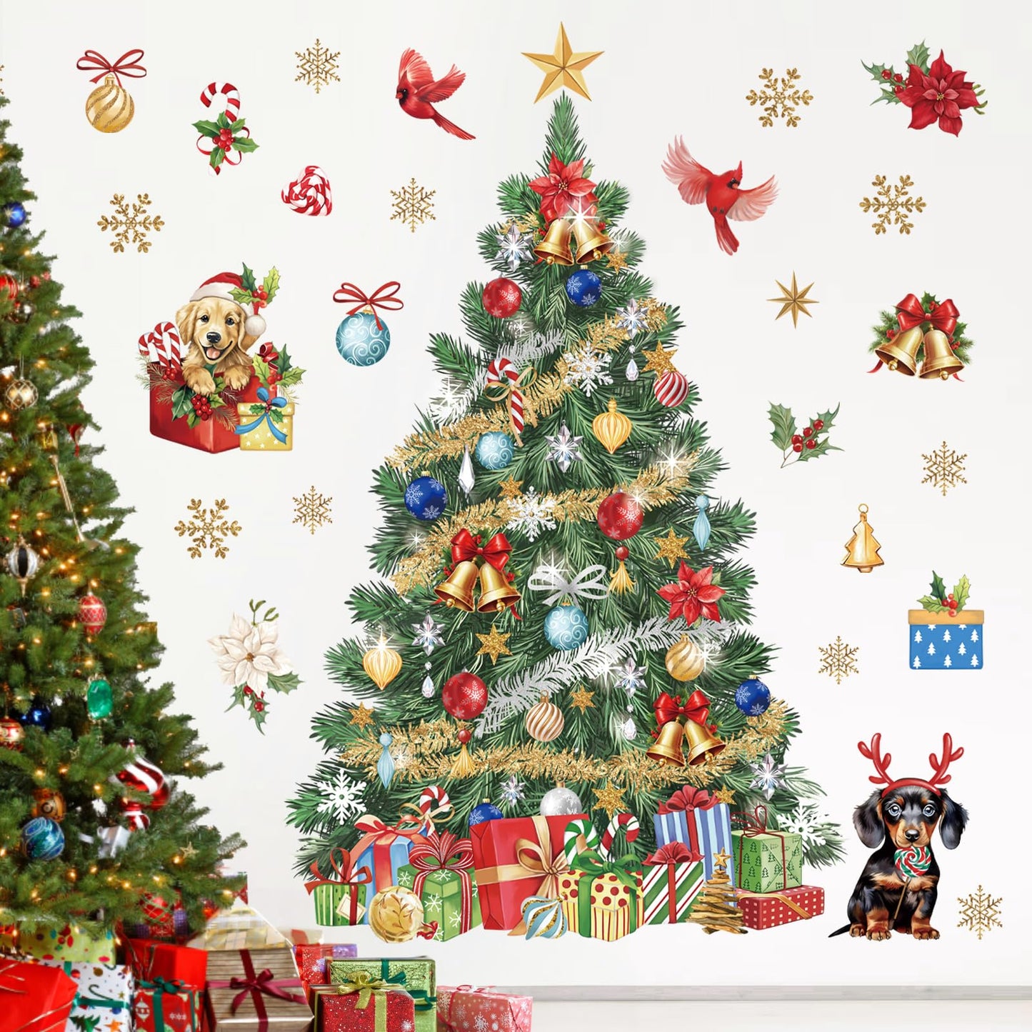 wondever Large Christmas Tree Wall Stickers Evergreen Tree Christmas Flowers Dogs Cardinal Birds Window Wall Art Decals for Christmas Party Window Xmas Home Party
