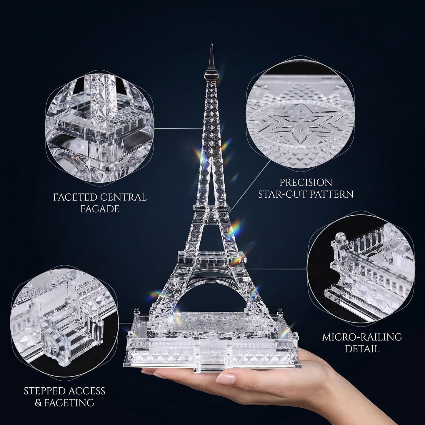 16.9in Tall Eiffel Tower Statue Clear Acrylic Figurine Torre Eiffel Decorations Paris Decor Centerpieces for Tables Home Living Room Shelf Mantel Tabletop Display Model with LED Light Crystal Finish