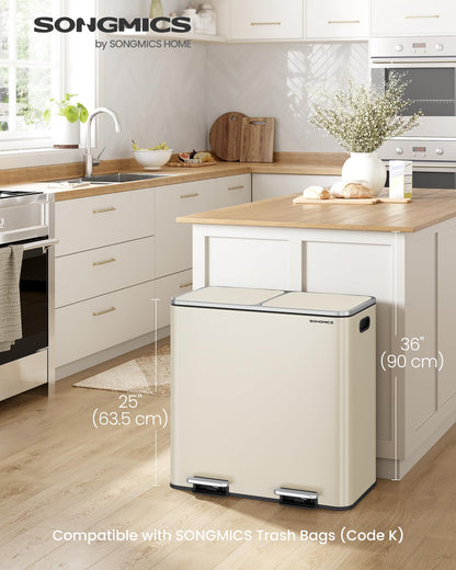 SONGMICS Trash Can, 2 x 10.6 Gallon (2 x 40 L) Garbage Can for Kitchen, with 15 Trash Bags, 2 Compartments, Plastic Inner Buckets and Hinged Lids, Airtight, Almond Color ULTB730A01V1