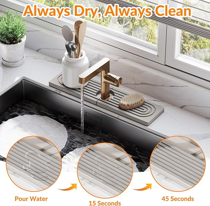 15.7 Inch Stone Faucet Mat for Kitchen Sink Splash Guard, Diatomite Sink