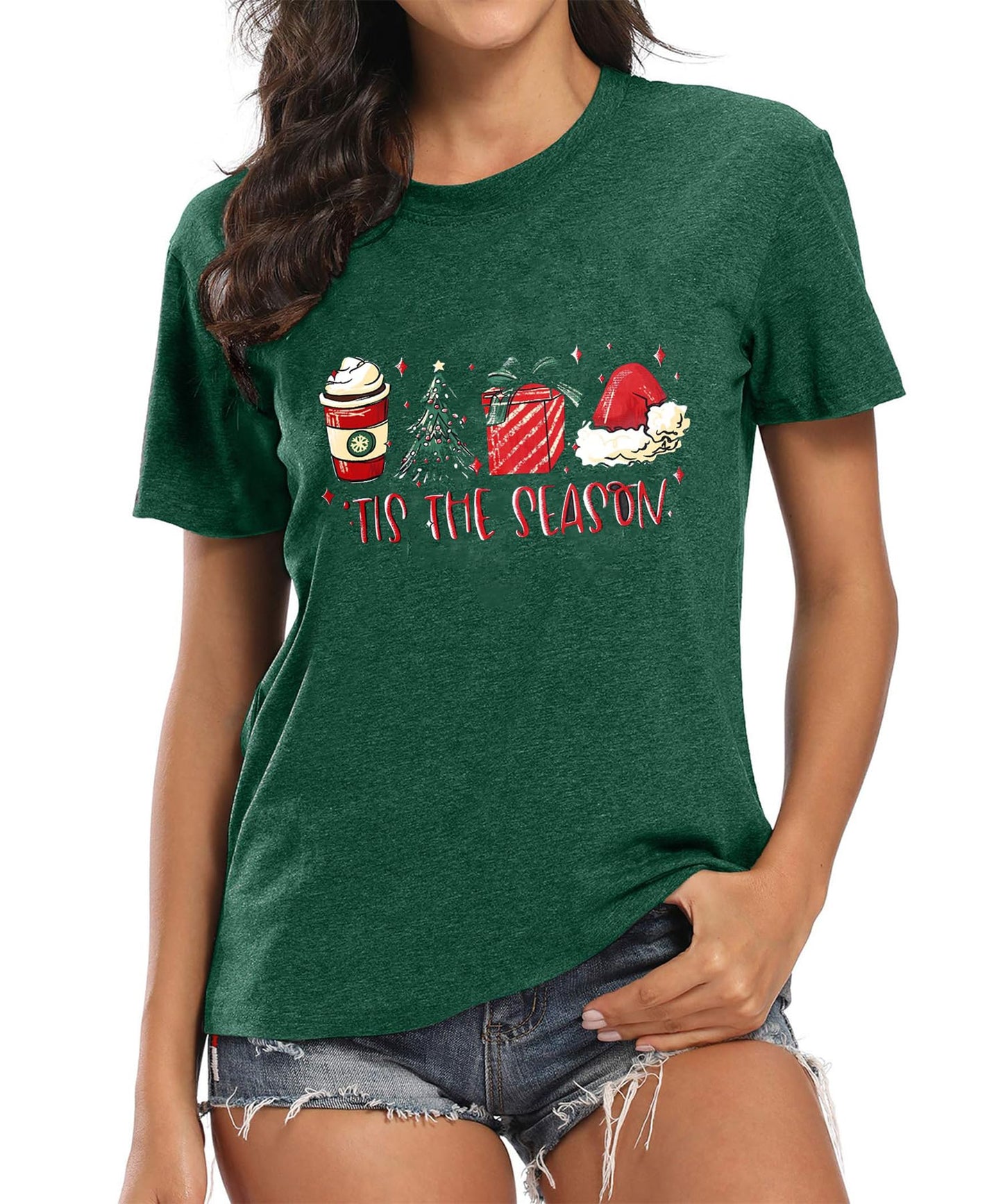 YZMI Tis The Season Christmas Tree T-Shirt Latte Coffee Xmas Gift Santa Hat Tee Tops Green L
