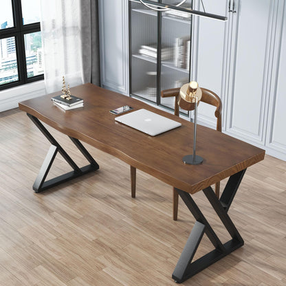 QZYJKJ 55inch Solid Wood Desk Wide Home Office Desk,Metal Modern Industrial Writing Table, Workstation, Perfect Table for Your workspace Study Table Furniture in Rustic Natural Aged Brown