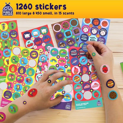 PURPLE LADYBUG 1260 Scratch and Sniff Smelly Stickers - 810 Large & 450 Small Scented Stickers in 15 Unique Scents for Kids & Teachers - Back to School Supplies, Ideal for Rewards, Classroom must-have