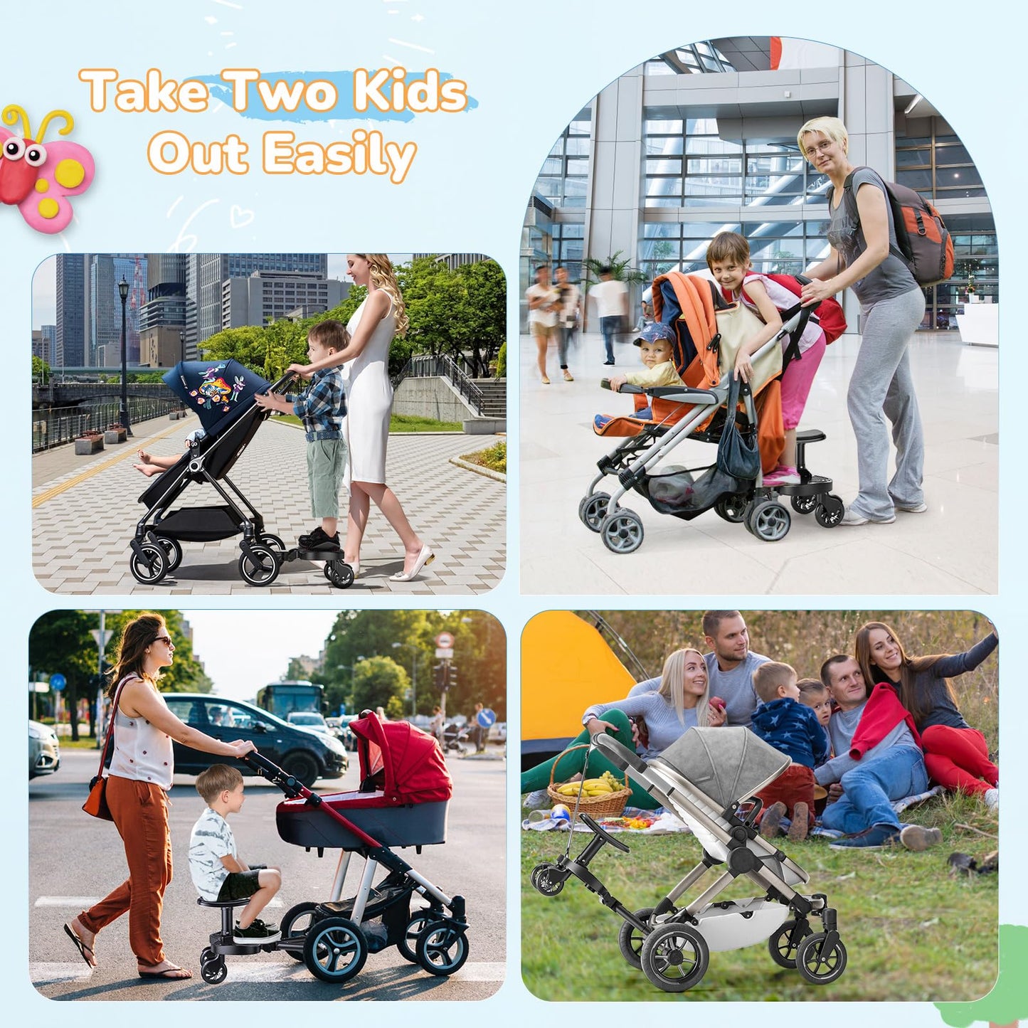 BugyKido Buggy Board, Universal Buggy Board with Seat for Children, Baby Kiddy Board, Stroller Accessory from 2-6 Years (25 kg), for Over 99% of Baby Carriages, Black Wheels