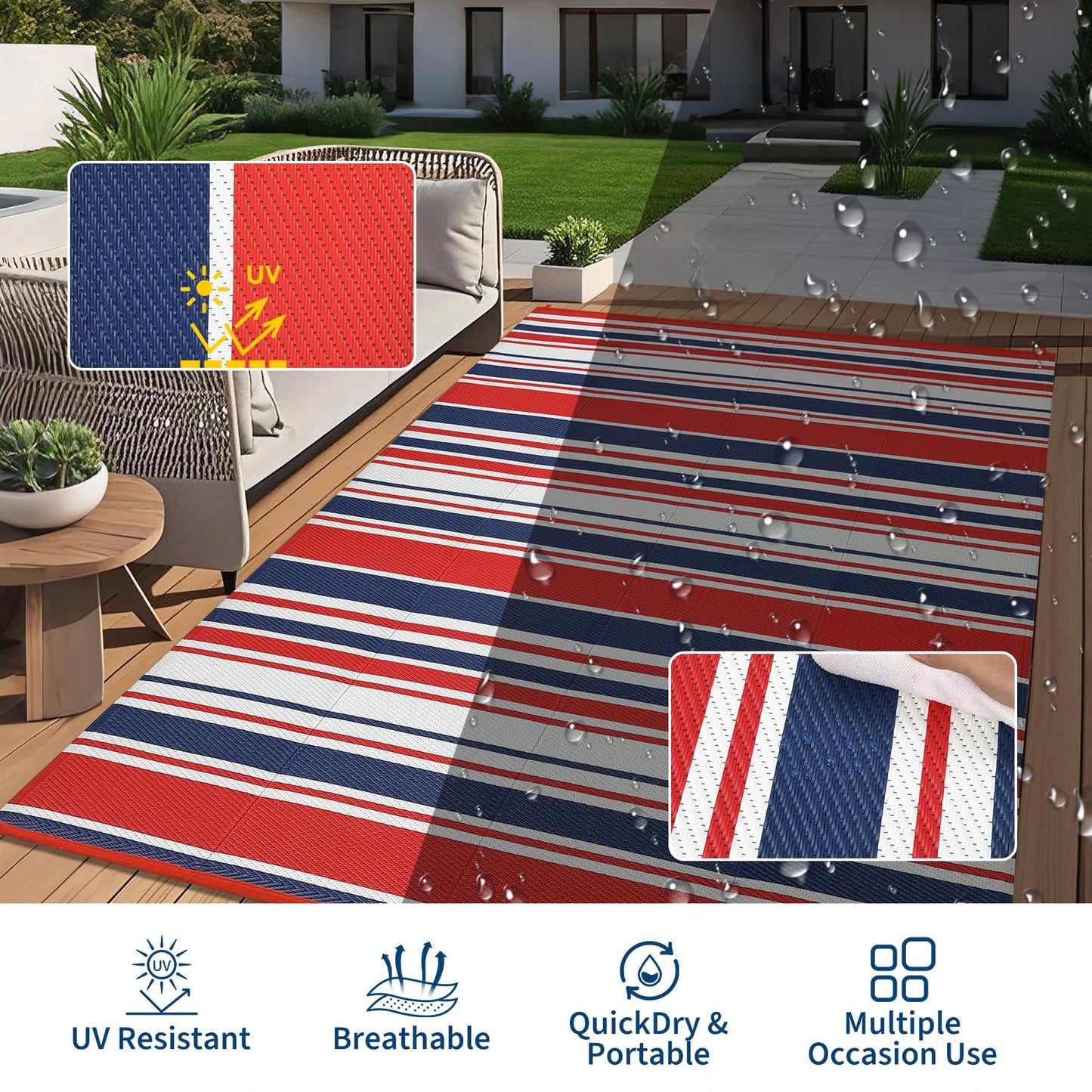 LUXLOOM Outdoor Plastic Straw Rug 9x18 Large Washable Floor Mat Modern Lines Waterproof Rug for Patio Reversible Rugs for Outdoors RV Beach Patio Camping Backyard Deck Picnic Outside Red Navy