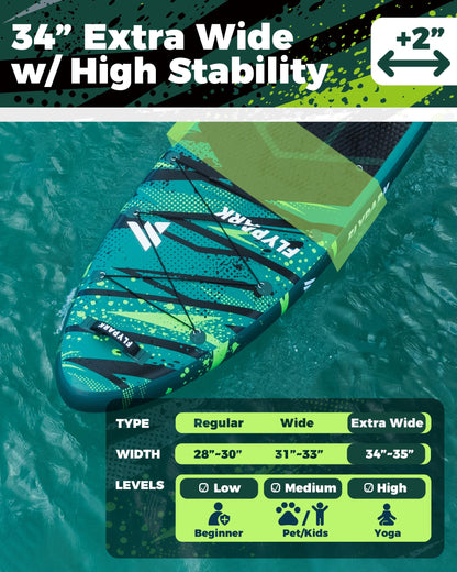 Flypark 11'x34 Inflatable Paddle Boards, Extra Wide SUP for 420lbs/3Adults, Yoga Stand Up Paddle Board, 110L Backpack, 15 D-Rings, Shoulder Strap, US-Fin, 2-Action Pump, Thrive-Green