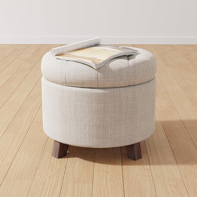 Amazon Basics Round Storage Ottoman Foot Rest, Button Tufted Upholstered