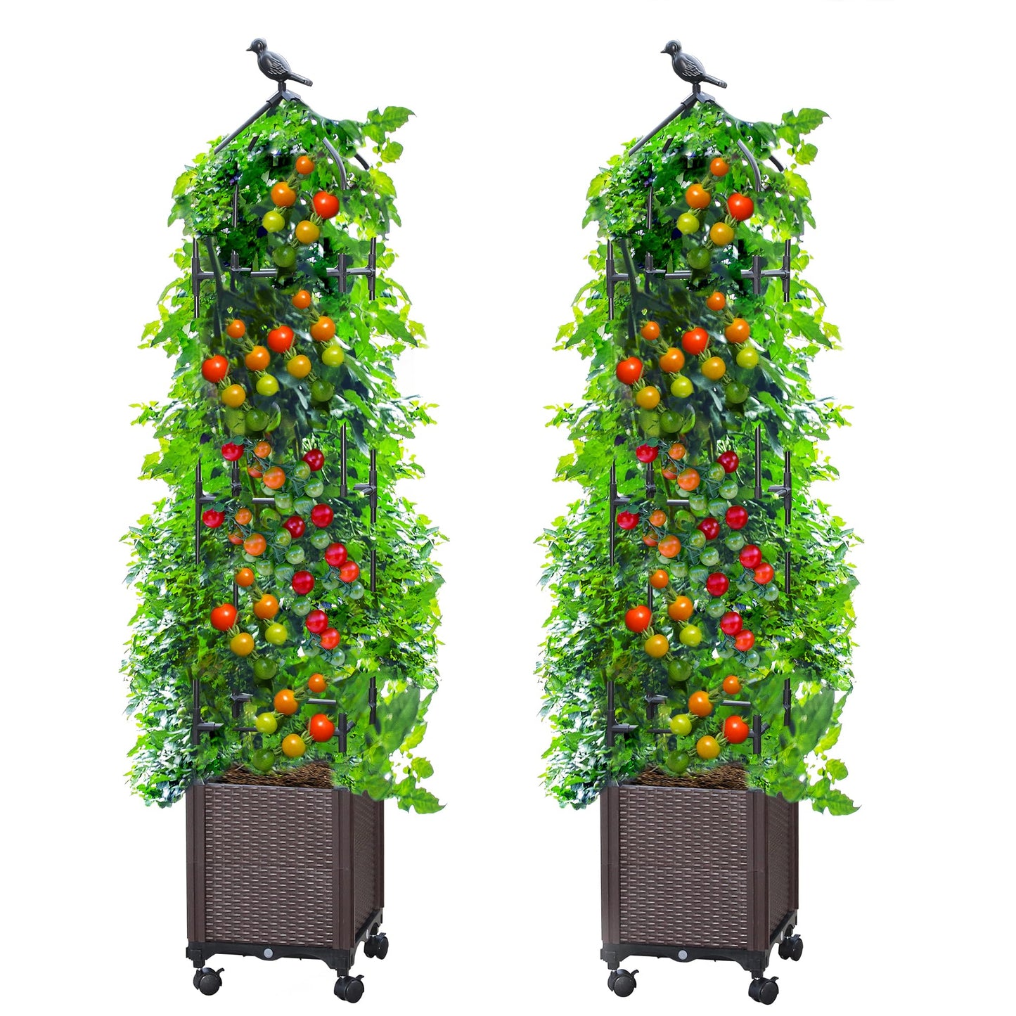 Sunnyglade 2 PCS Raised Garden Bed Planter Box with Trellis, 63" Tall Outdoor Tomato Planters for Climbing Vegetables Flowers Vine Plants, Tomato Cage with Wheels (2)