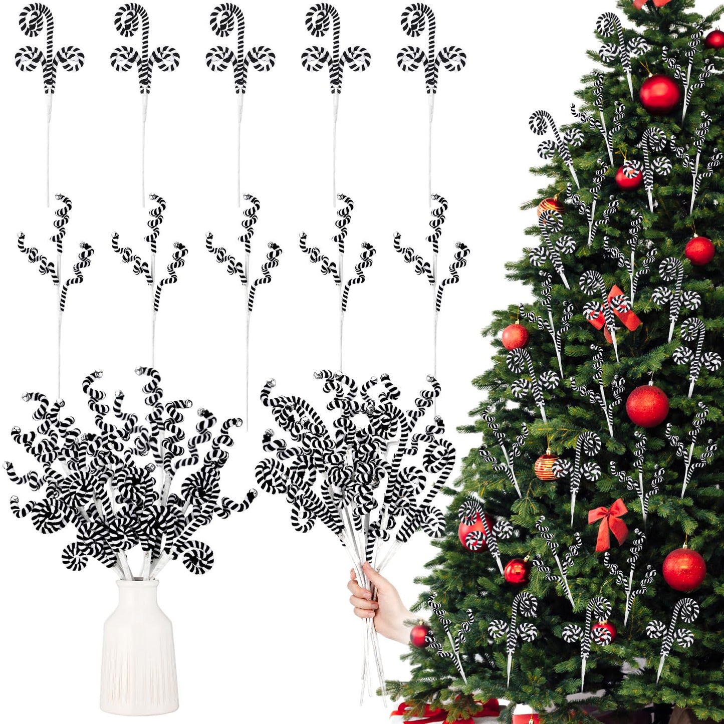 Soulchen 15 Pcs Black and White Christmas Tree Picks Decorations Curly Pick Christmas Tree Stems for Xmas Home Decorations DIY Vase Filler Holiday Crafts Ornaments for Wreath Garland