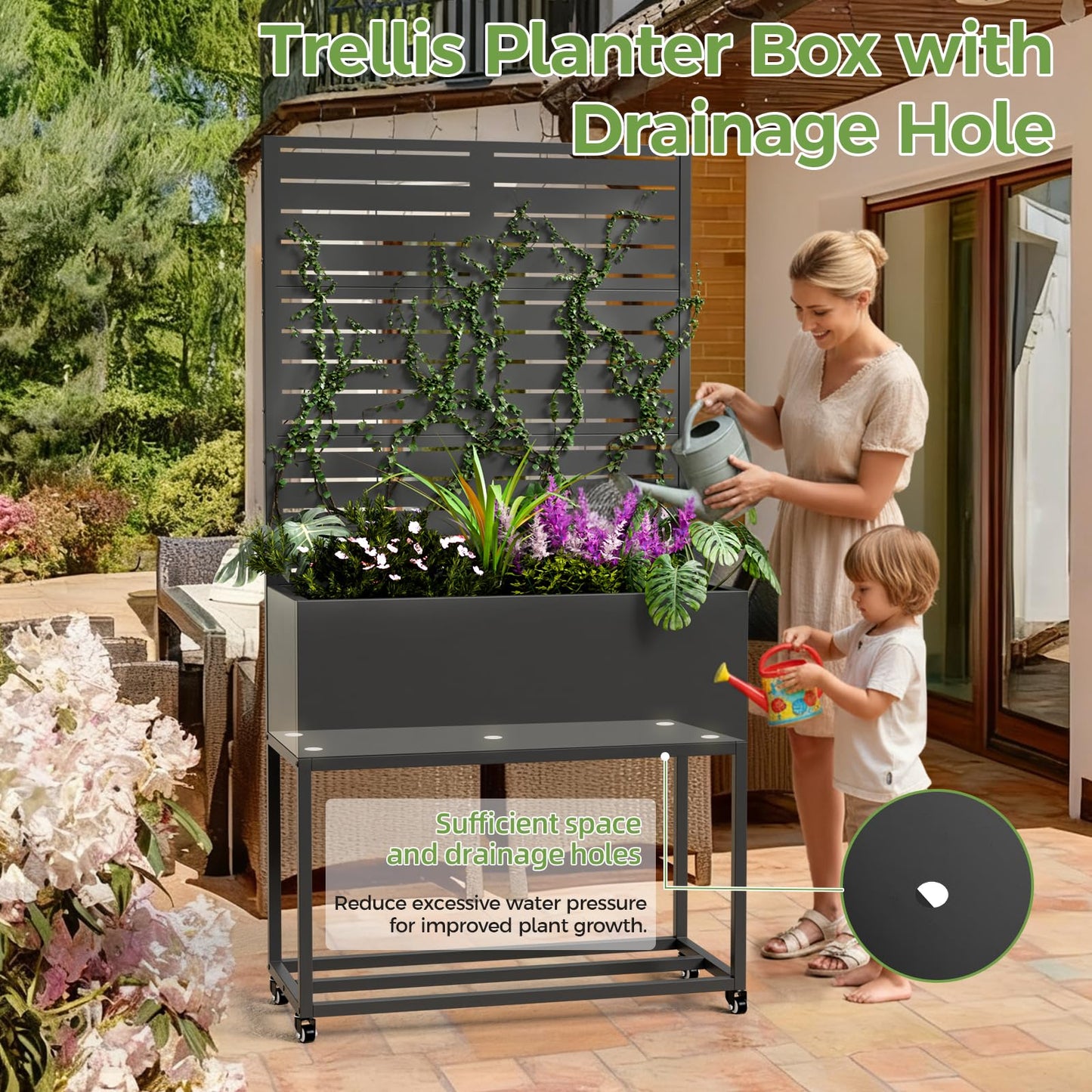 Diyfire Metal Planter Box with Trellis, 67"x35"x16"Metal Raised Garden Bed with Drainage Holes, Raised Garden Beds Outdoor, Privacy Planters Trellis for Climbing Plants, Patio,Garden, Wheels, Black