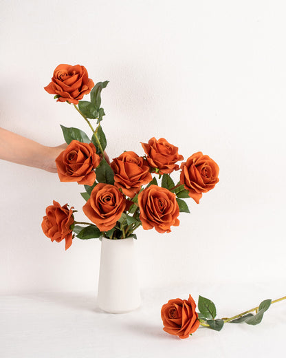 DuHouse 10Pcs Artificial Roses Fake Silk Flowers Realistic Bridal Bouquets with Single Long Plastic Stems for Arrangement Wedding Table Centerpiece Party Home Decor(Burnt Orange)