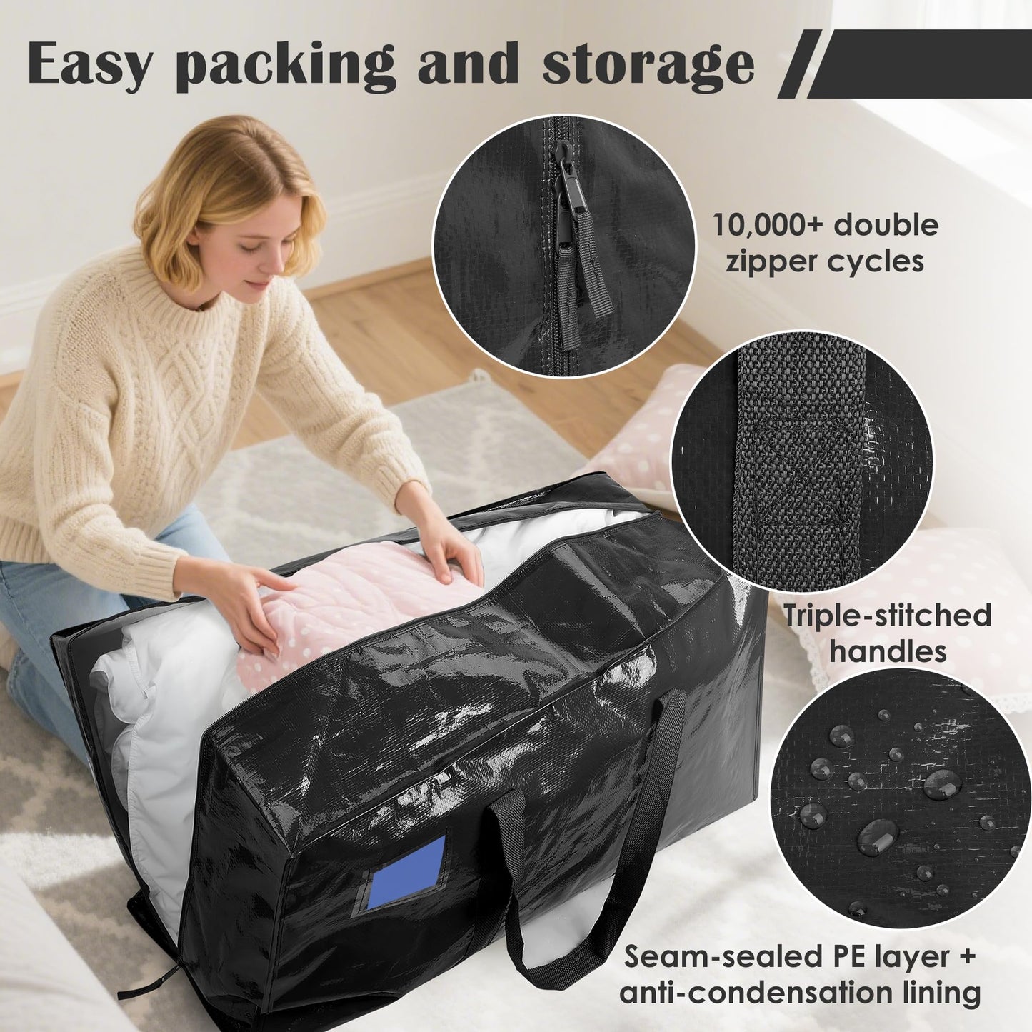 RMOHRO 6 Pack Moving Bags with Full-Open Side Zipper, Extra Large 93L Heavy Duty Waterproof Foldable Storage Totes for College Dorm, Moving & Home Organization Black