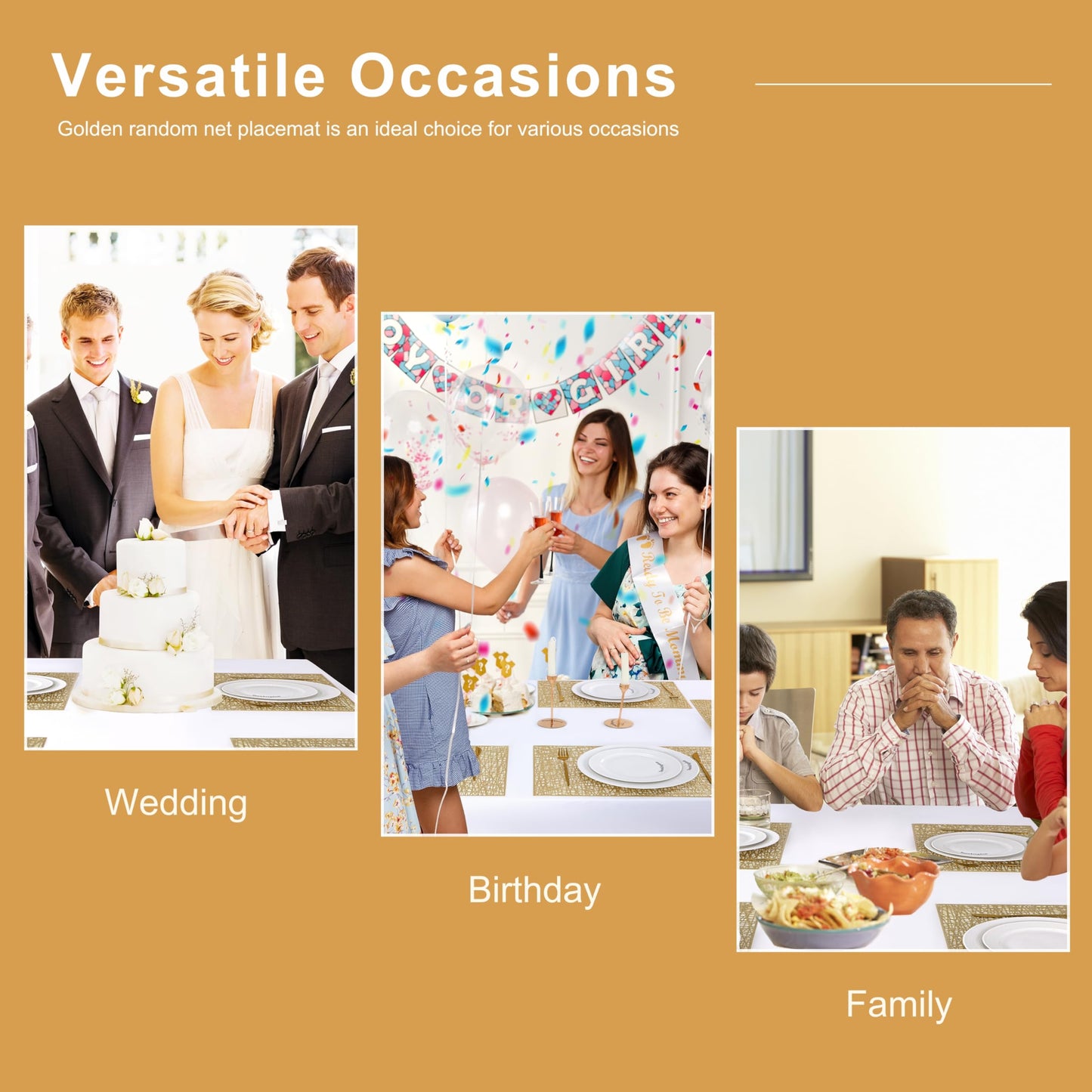 Snowkingdom Gold Placemats Set of 4, Golden Vinyl Rectangle Metallic Wipeable Place mats, Washable Easy Clean Non Slip Stain Resistant Hollow Kitchen Dining Table Mats for Wedding Party Decoration