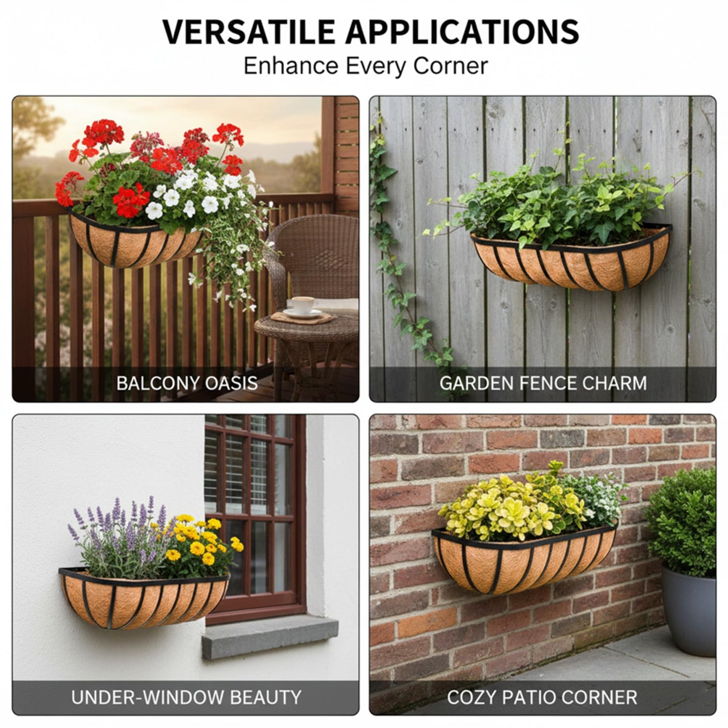 KIDYBELL 24“ Window Box Railing Planter with Coco Liner Metal Wall-Mounted Coconut Liner Planter Basket English Horse Trough Planters for Outdoor Deck Balcony Porch Fence Patio Black (2 Pack)