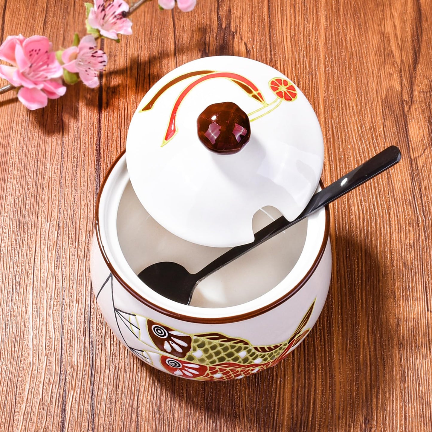 LMRLCS Ceramic Sugar Bowl with Lid and Spoon - 10oz Small Spice Jar with Japanese Koi Fish Design - Decorative Seasoning Container for Salt, Lard, Chili Oil & Condiments, Farmhouse Kitchen Decor