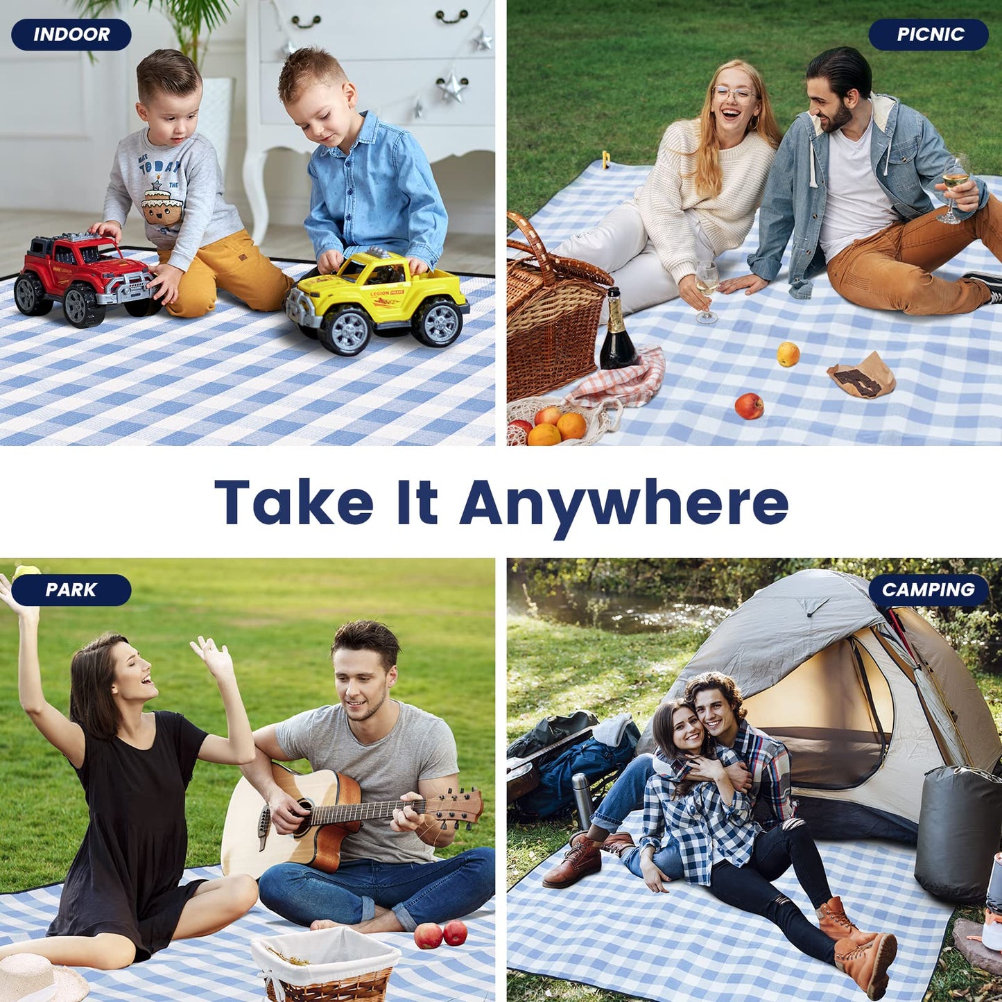 sapsisel 80”x 80” Picnic Blanket Extra Large, Waterproof and Foldable Beach Blanket, 3-Layer Outdoor Blanket for 6 to 8 Adults, for Camping, Park, Beach, Grass, Indoors…