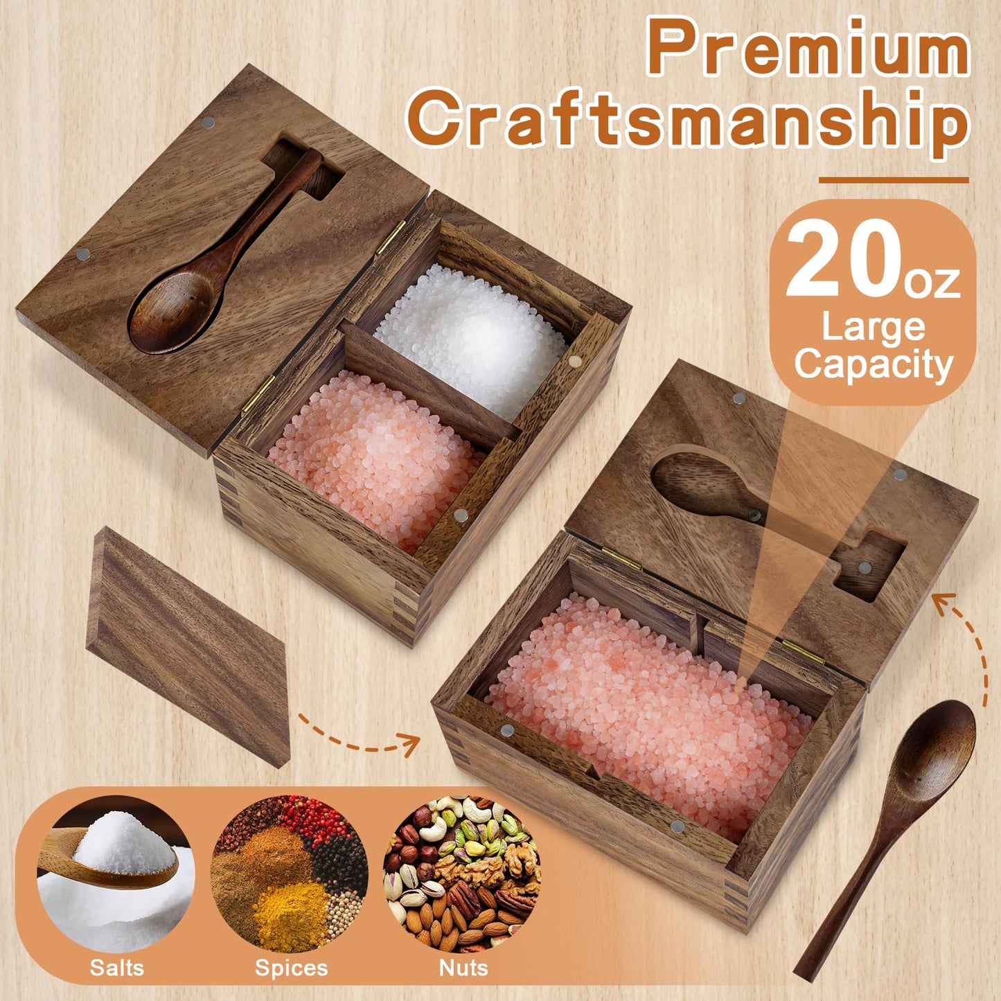Vorisebo Large Capacity Acacia Wood Salt Container with Magnetic Flip Lid & Built-in Spoon, 20 OZ Kitchen Salt Holder, Elegant Salts Cellar Box to Storage Pepper, Herbs, Spice or Favorite Seasonings