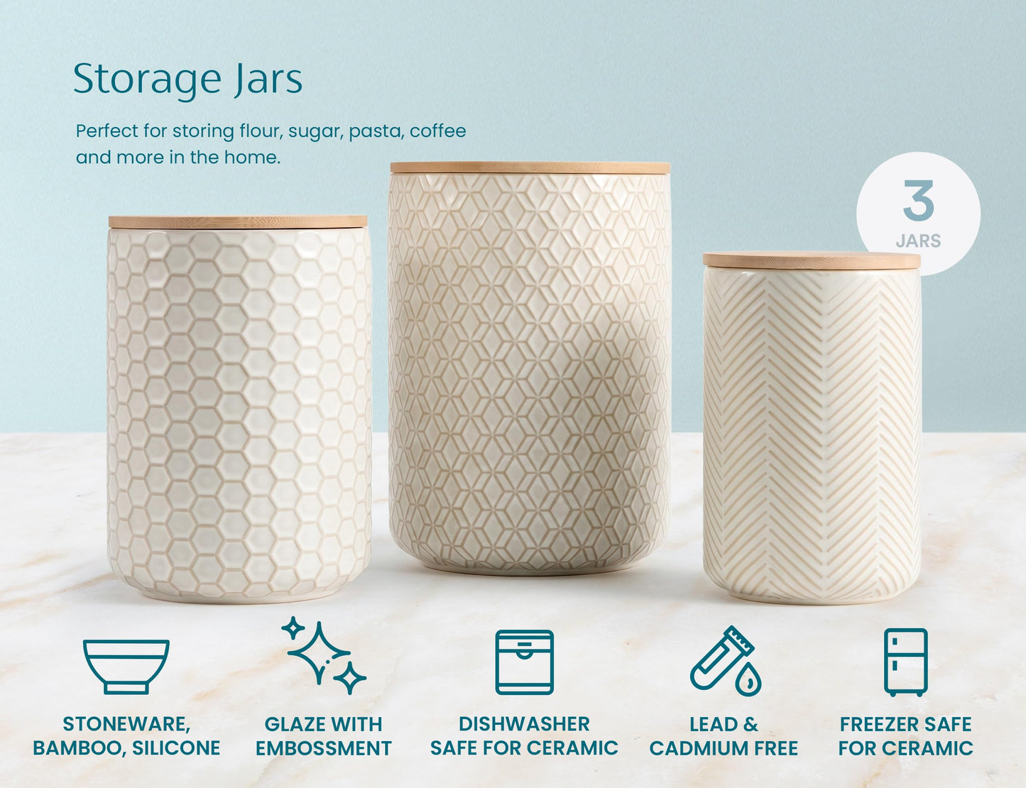 Kook Ceramic Storage Containers, Embossed Pantry & Bathroom Canisters with Airtight Bamboo Lids, Dishwasher Safe Stoneware Jars (40, 65, 100 oz), Set of 3, Narbonne Collection (Ivory)
