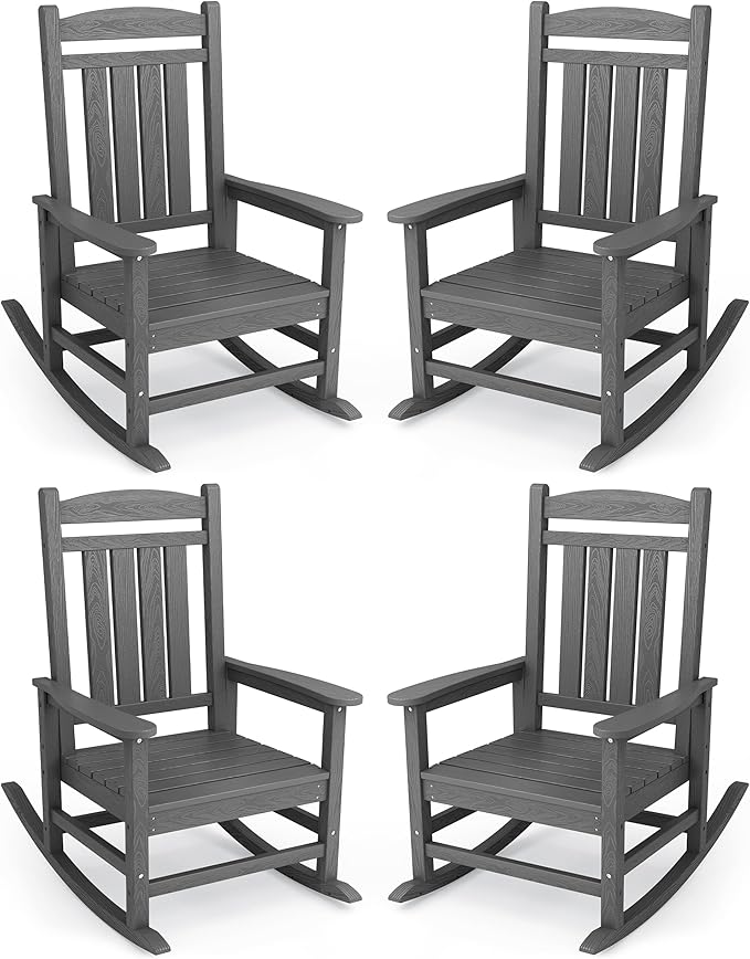 KINGYES Oversized Outdoor Rocking Chair Set of 4, High Density Polyethylene Patio Rocking Chairs with 330lbs Support for Adults, Gray